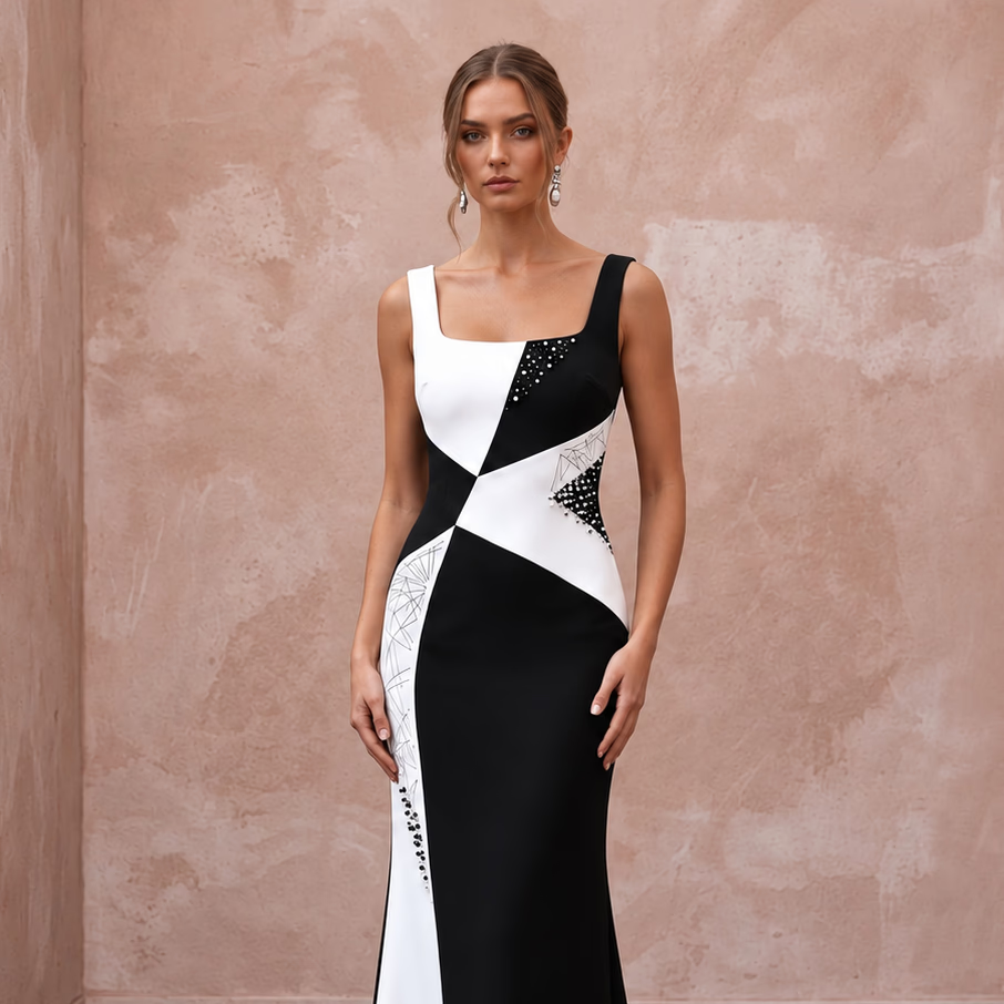 Black and White Colorblock Crepe Column Dress for Modern Art Event