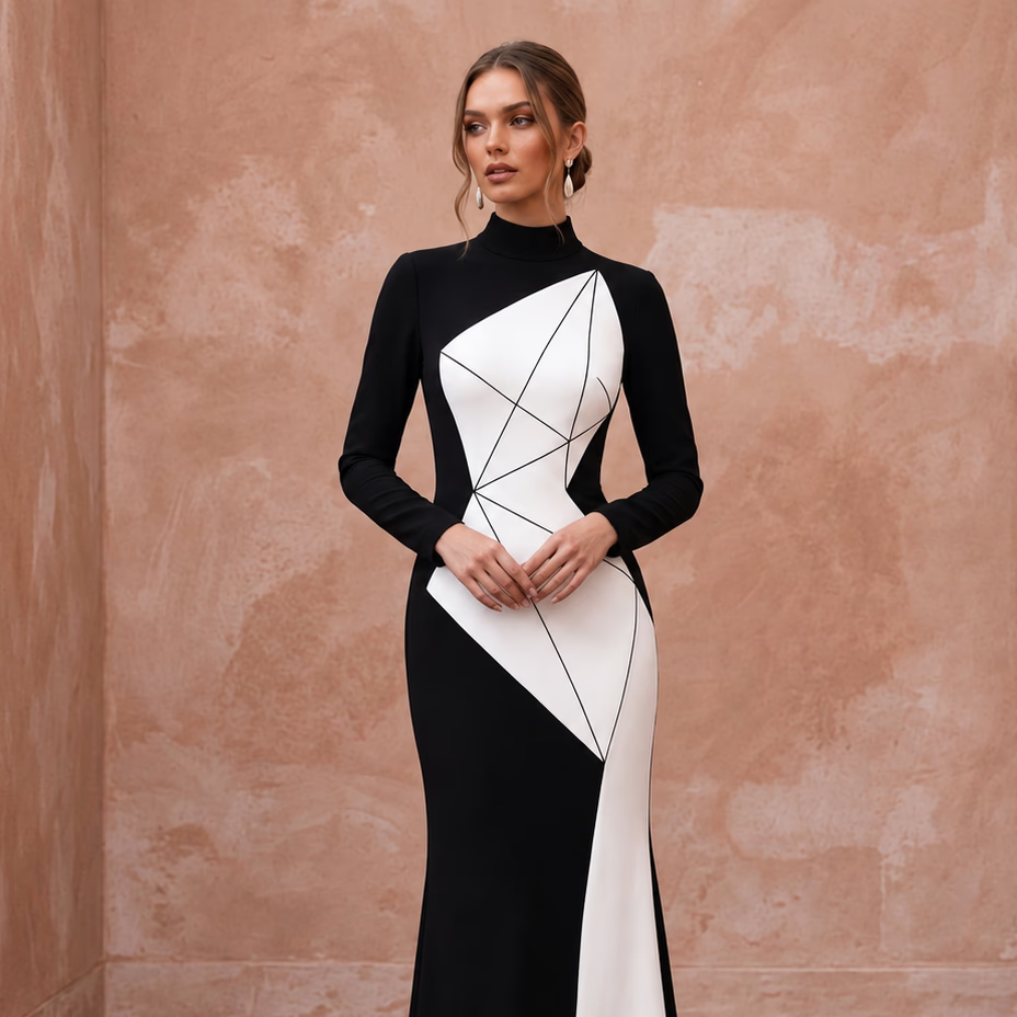 Black and White Colorblock Crepe Column Dress for Modern Art Event - Apparel & Accessories > Clothing > Wedding & Bridal Party Dresses > Wedding Dresses - Mignonette Bridal