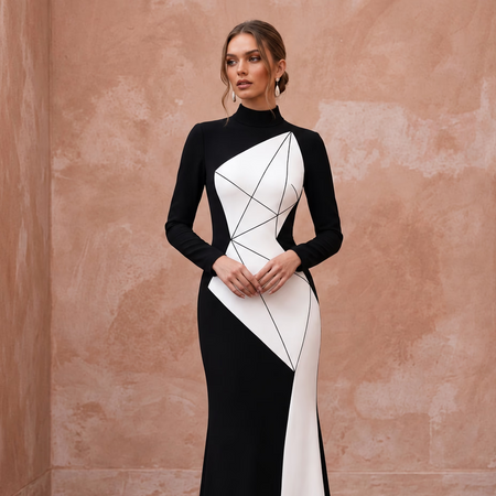 Black and White Colorblock Crepe Column Dress for Modern Art Event - Apparel & Accessories > Clothing > Wedding & Bridal Party Dresses > Wedding Dresses - Mignonette Bridal