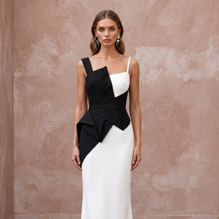 Black and White Colorblock Crepe Column Dress for Modern Art Event