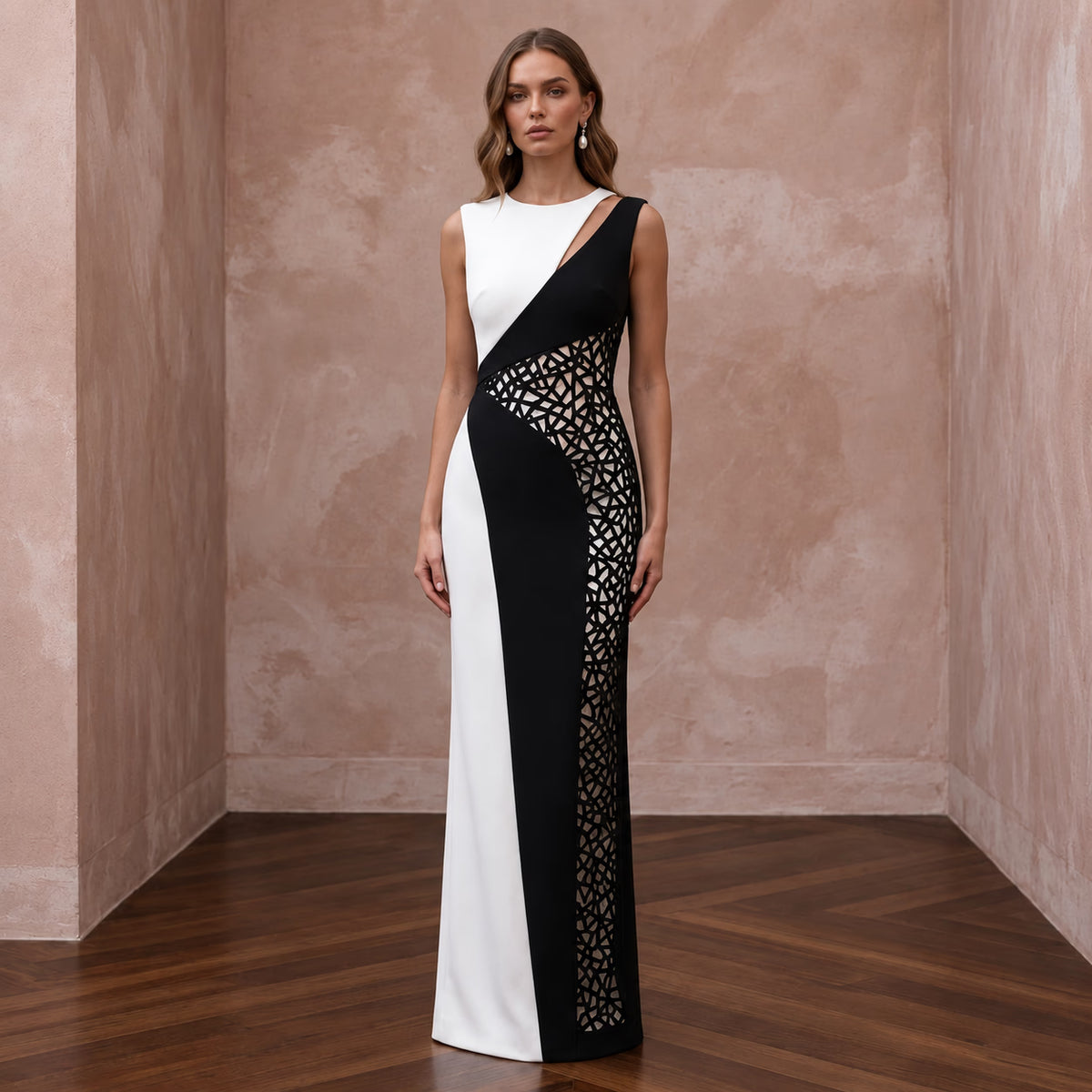 Black and White Colorblock Crepe Column Dress for Modern Event