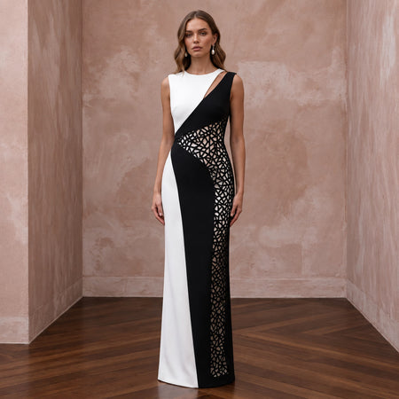Black and White Colorblock Crepe Column Dress for Modern Event