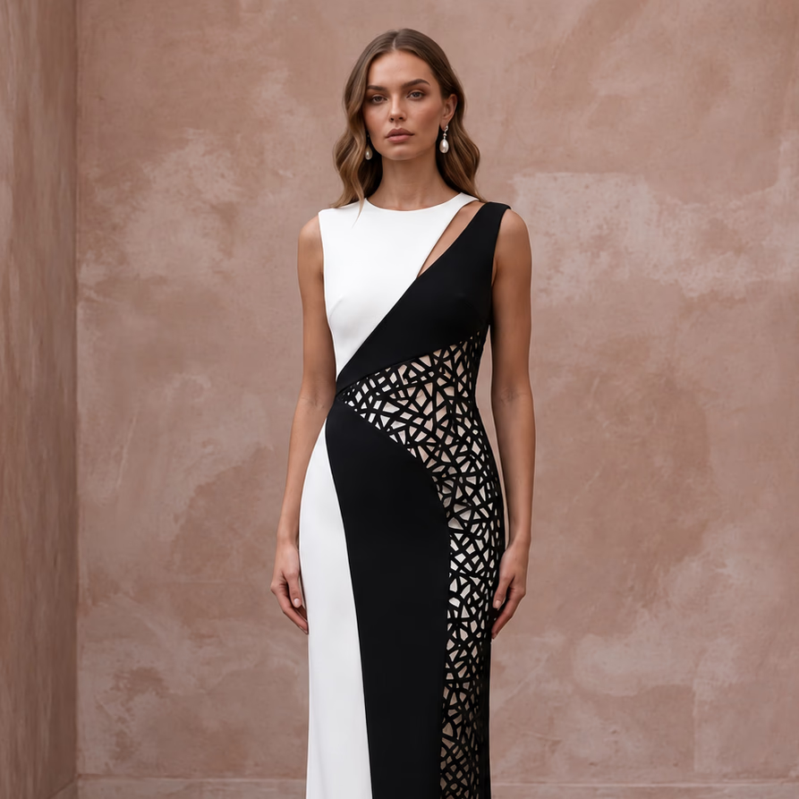 Black and White Colorblock Crepe Column Dress for Modern Event
