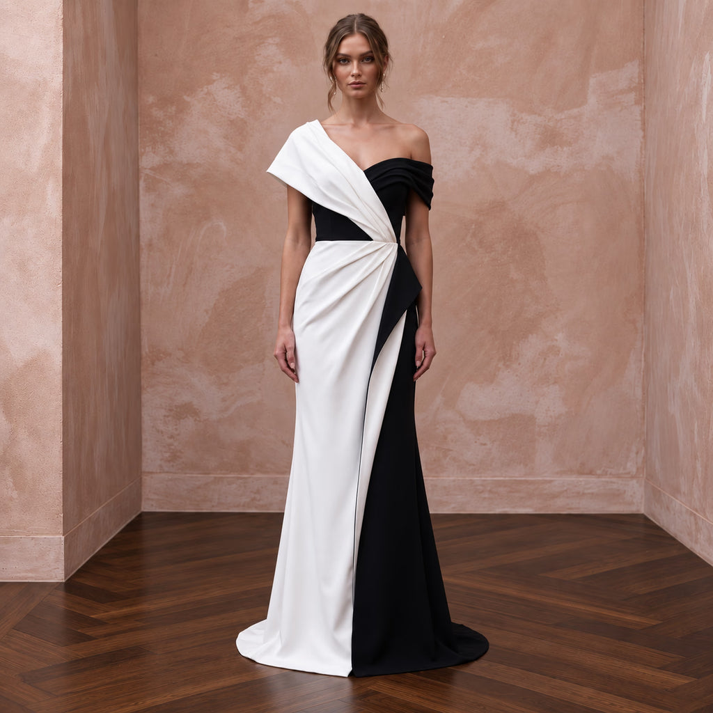 Black and White Colorblock Crepe Column Dress for Modern Gala