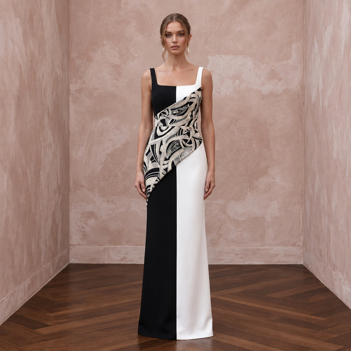 Black and White Colorblock Crepe Column Dress for Modern Gala Main image
