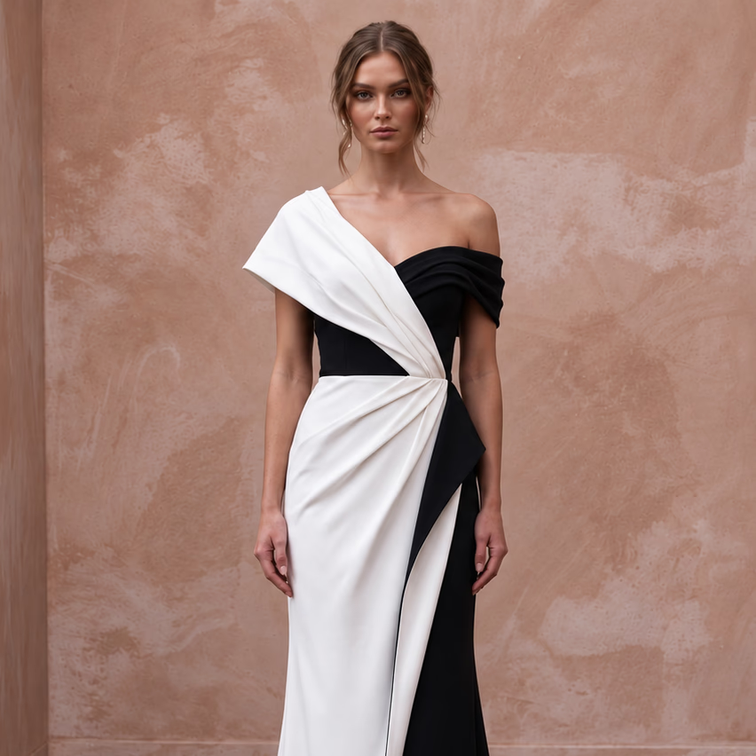 Black and White Colorblock Crepe Column Dress for Modern Gala