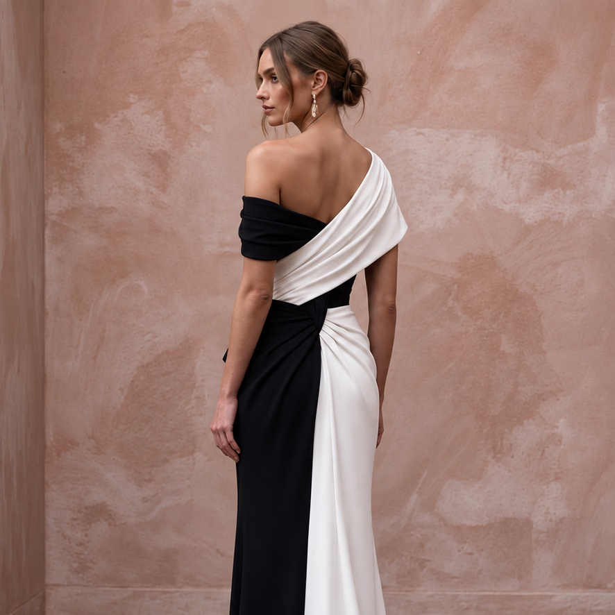 Black and White Colorblock Crepe Column Dress for Modern Gala