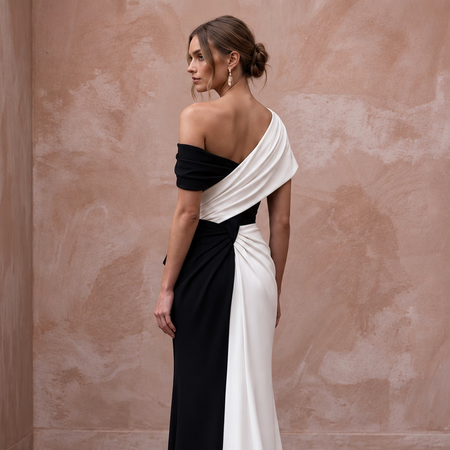 Black and White Colorblock Crepe Column Dress for Modern Gala