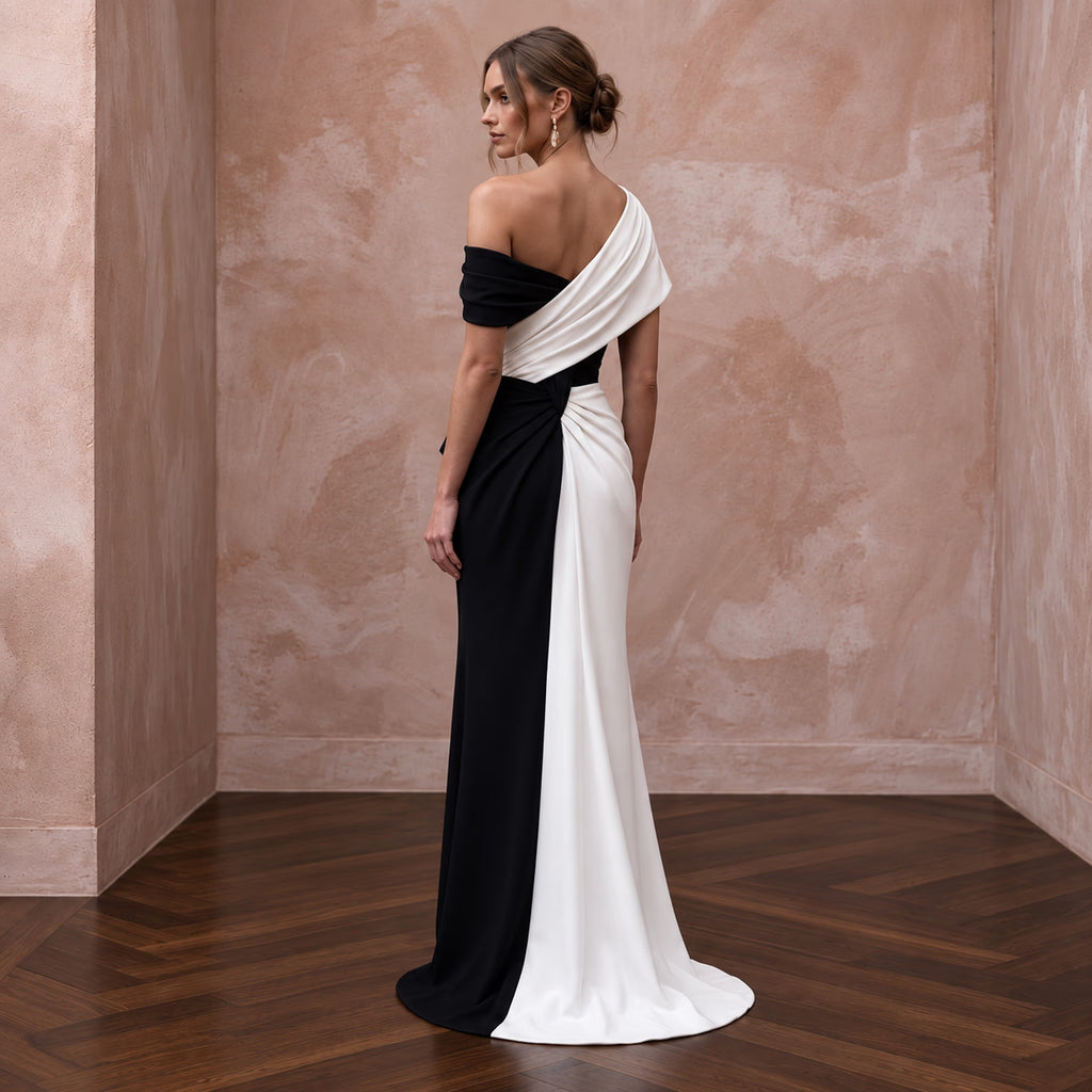 Black and White Colorblock Crepe Column Dress for Modern Gala