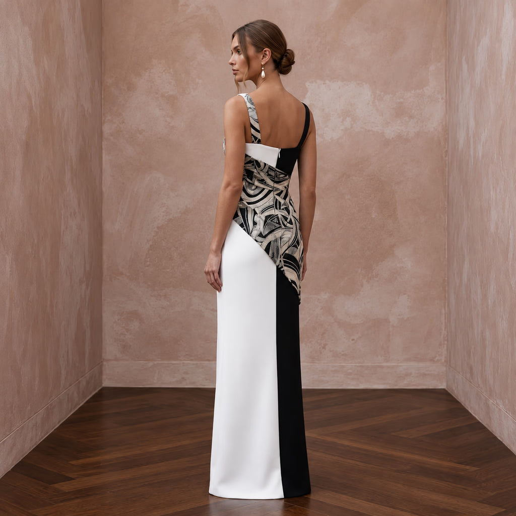 Black and White Colorblock Crepe Column Dress for Modern Gala
