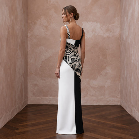 Black and White Colorblock Crepe Column Dress for Modern Gala
