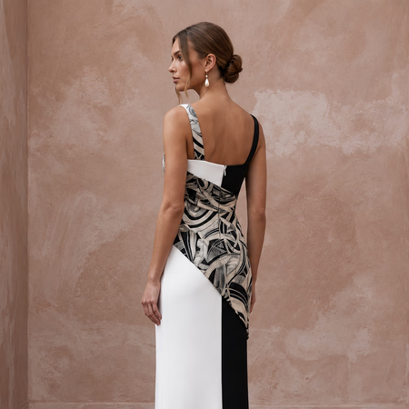 Black and White Colorblock Crepe Column Dress for Modern Gala