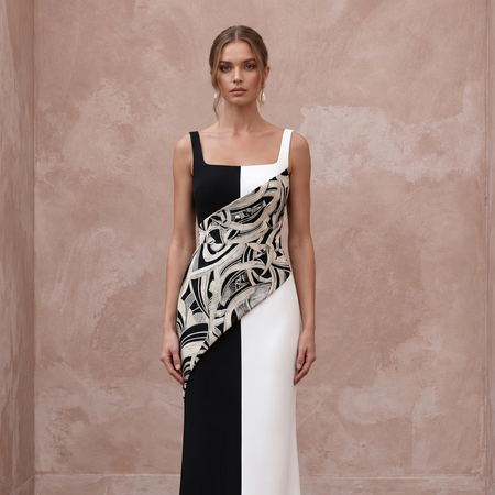 Black and White Colorblock Crepe Column Dress for Modern Gala
