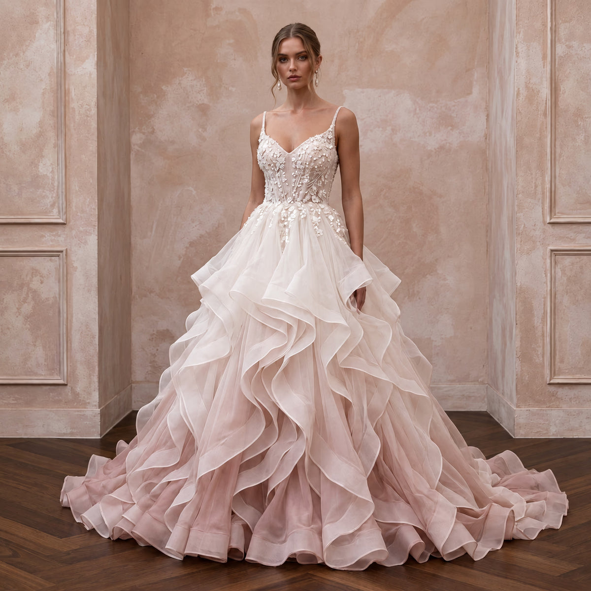 Blush Ombre Organza Ruffled Ball Gown for Whimsical Ceremony