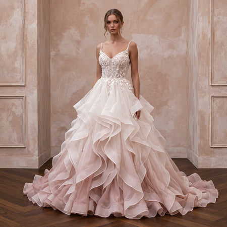 Blush Ombre Organza Ruffled Ball Gown for Whimsical Ceremony