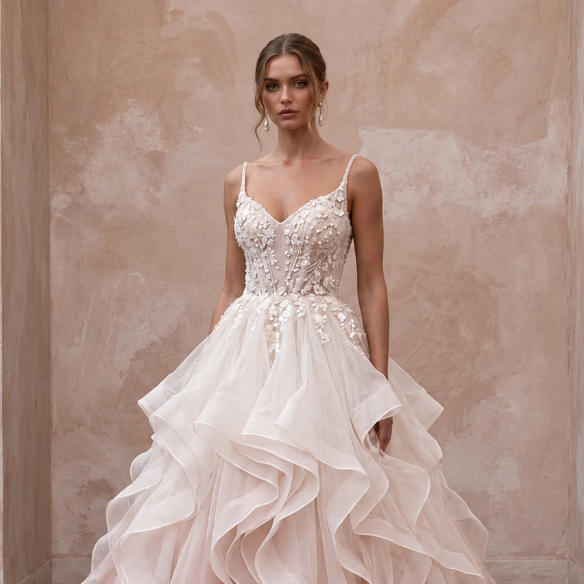 Blush Ombre Organza Ruffled Ball Gown for Whimsical Ceremony