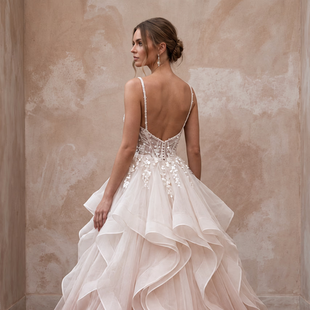 Blush Ombre Organza Ruffled Ball Gown for Whimsical Ceremony
