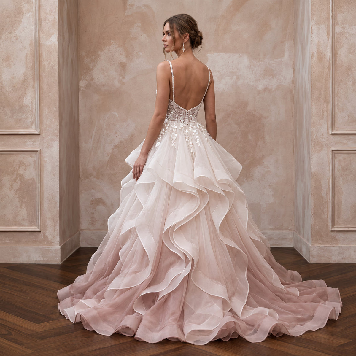 Blush Ombre Organza Ruffled Ball Gown for Whimsical Ceremony