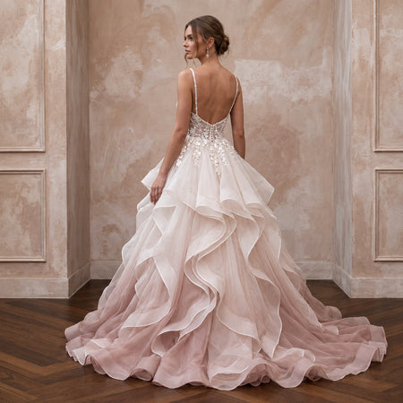 Blush Ombre Organza Ruffled Ball Gown for Whimsical Ceremony