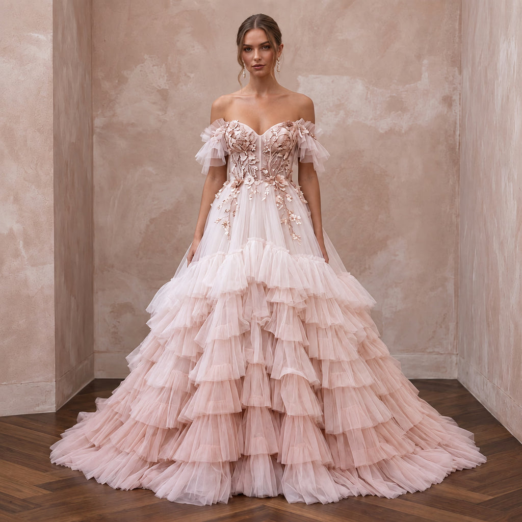 Blush Ombre Tulle Ruffled Ball Gown for Whimsical Spring Wedding