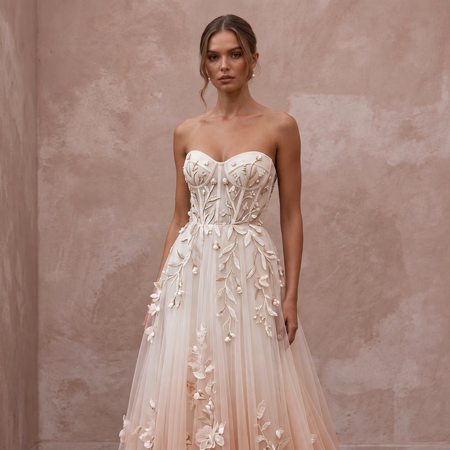 Blush Ombre Tulle Strapless A - Line Gown for Whimsical Outdoor Ceremony - Apparel & Accessories > Clothing > Wedding & Bridal Party Dresses > Wedding Dresses - Mignonette Bridal