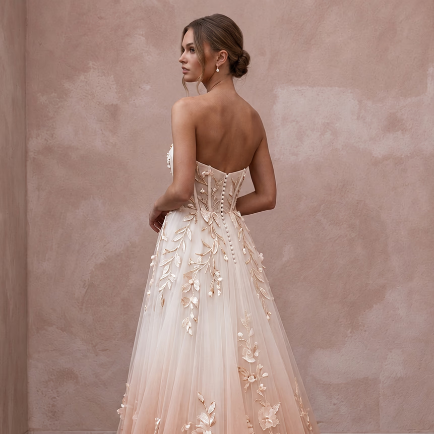 Blush Ombre Tulle Strapless A - Line Gown for Whimsical Outdoor Ceremony - Apparel & Accessories > Clothing > Wedding & Bridal Party Dresses > Wedding Dresses - Mignonette Bridal