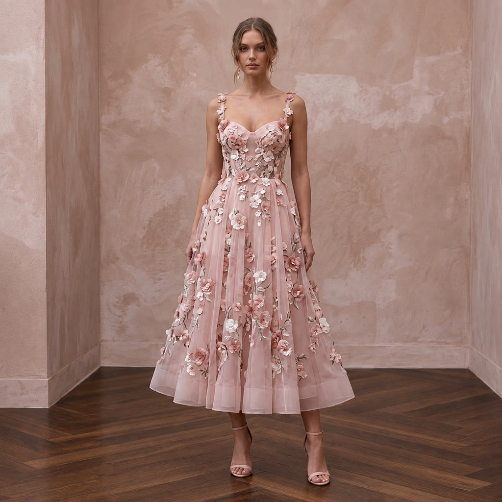 Blush Pink Floral Organza Midi Dress for Spring Garden Party