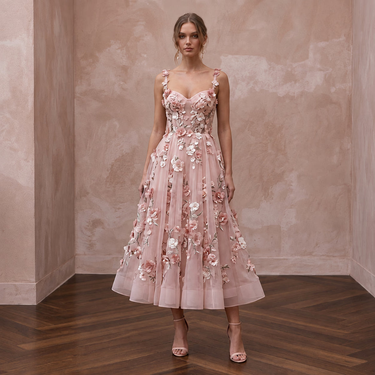 Blush Pink Floral Organza Midi Dress for Spring Garden Party