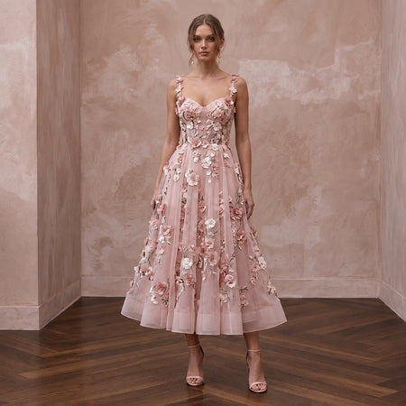 Blush Pink Floral Organza Midi Dress for Spring Garden Party