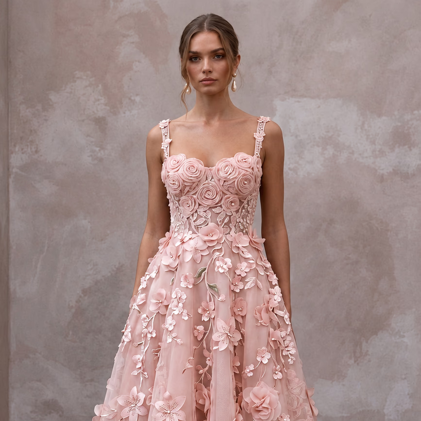 Blush Pink Floral Organza Midi Dress for Spring Garden Party