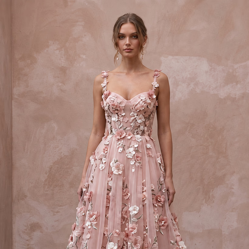 Blush Pink Floral Organza Midi Dress for Spring Garden Party