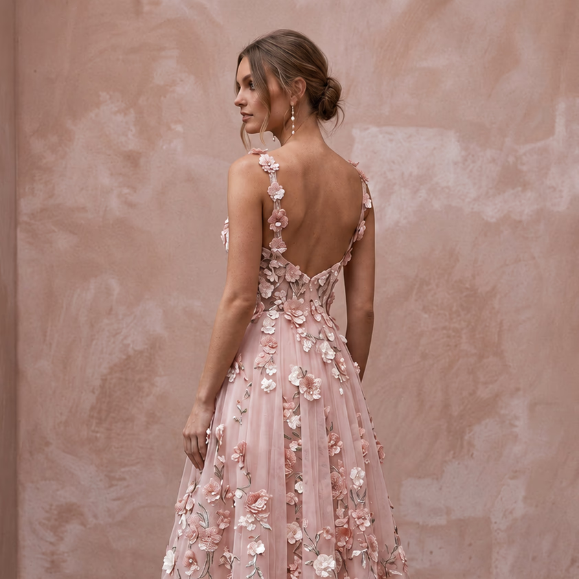 Blush Pink Floral Organza Midi Dress for Spring Garden Party