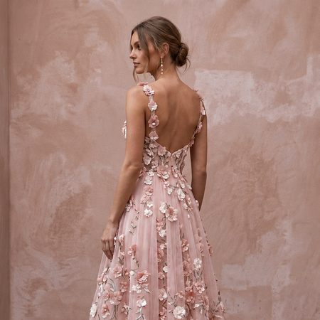 Blush Pink Floral Organza Midi Dress for Spring Garden Party