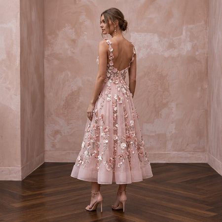 Blush Pink Floral Organza Midi Dress for Spring Garden Party
