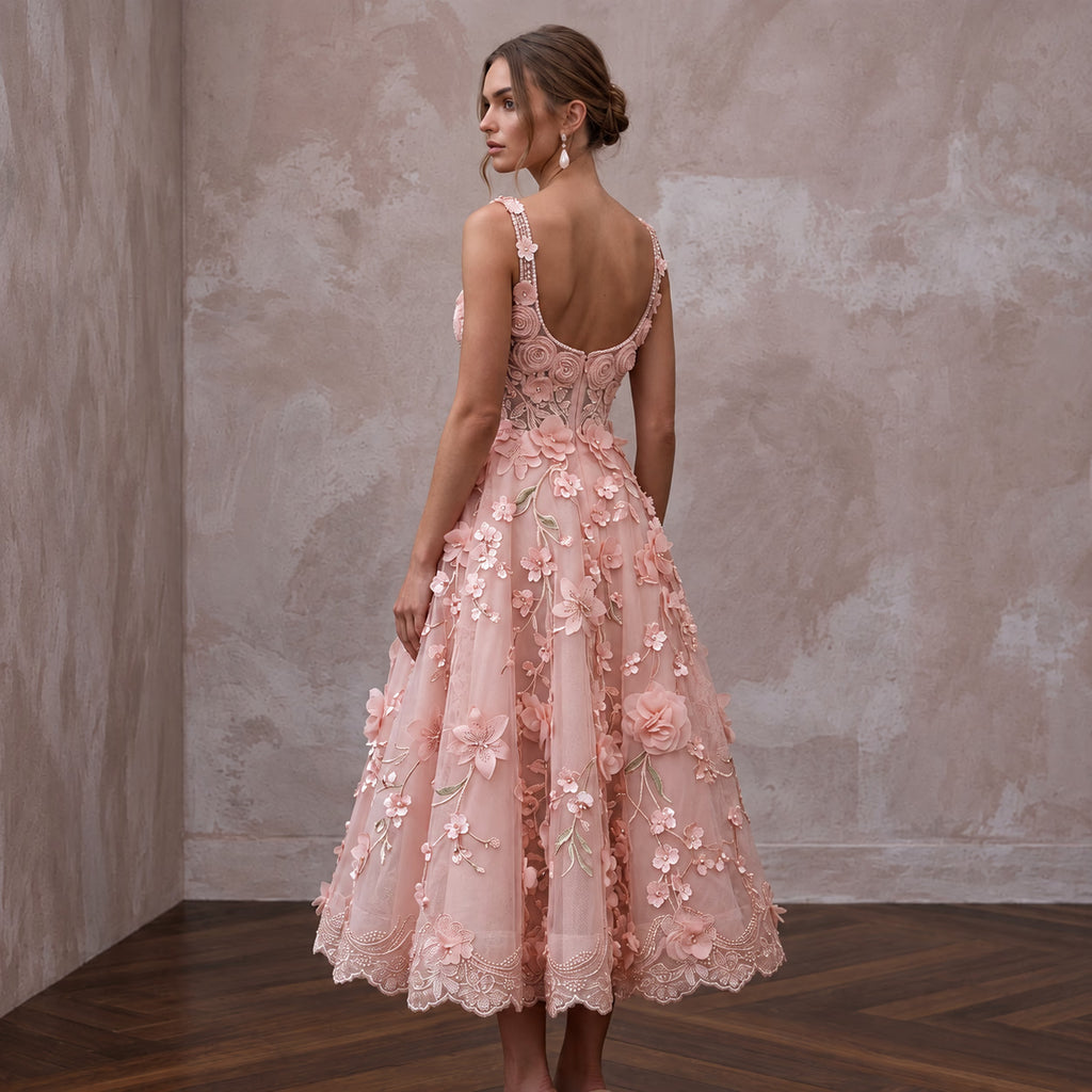 Blush Pink Floral Organza Midi Dress for Spring Garden Party