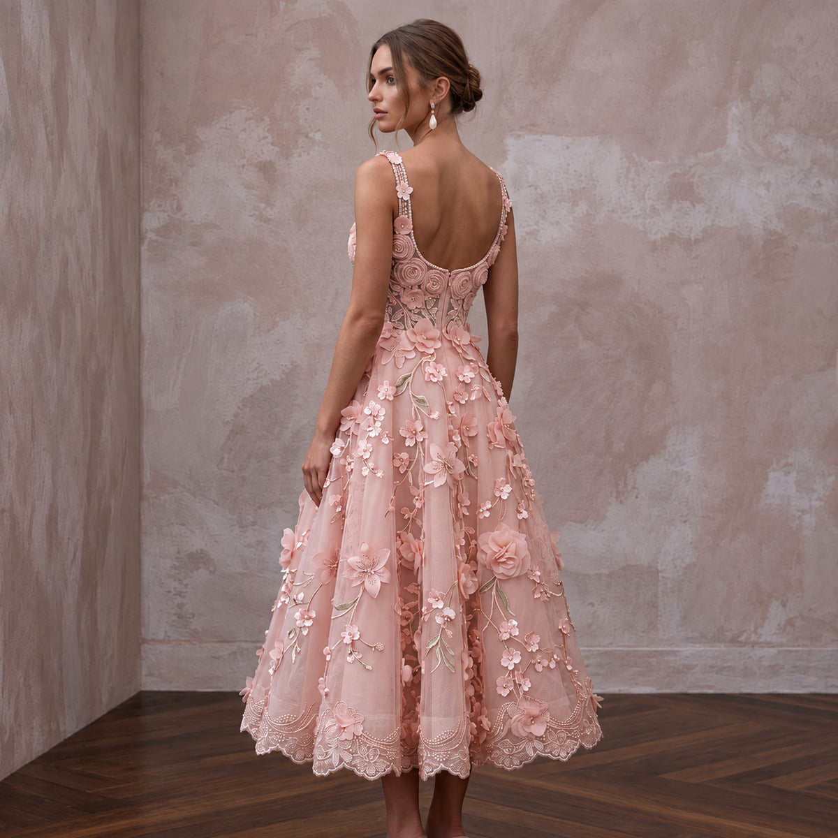 Blush Pink Floral Organza Midi Dress for Spring Garden Party