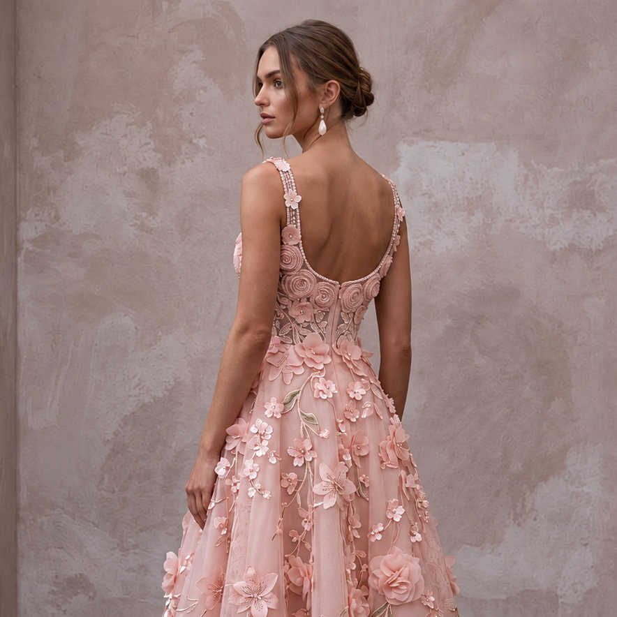Blush Pink Floral Organza Midi Dress for Spring Garden Party