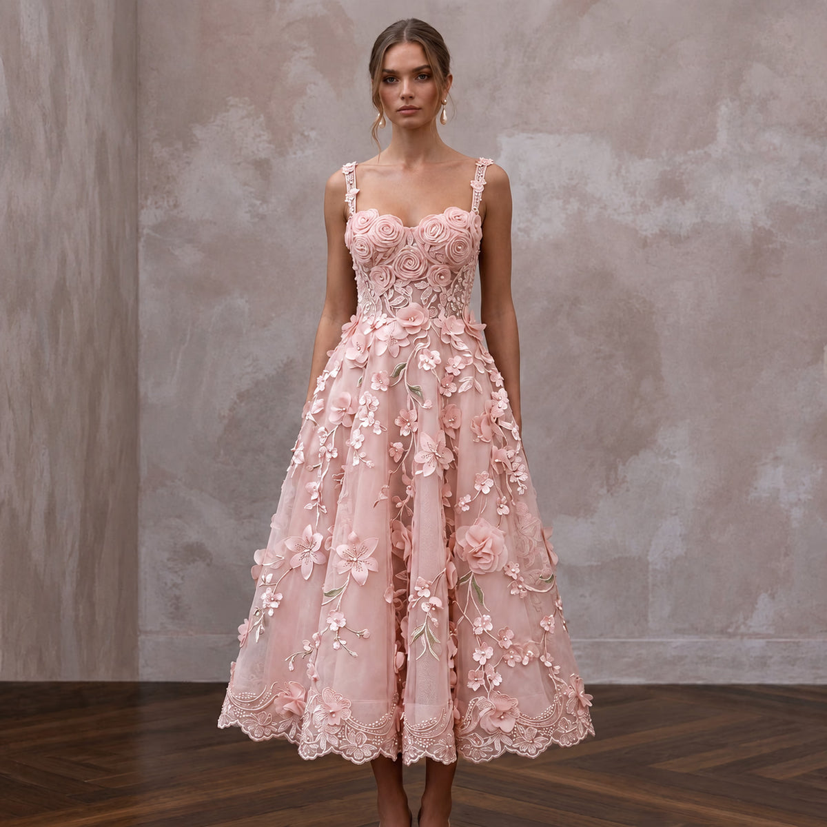Blush Pink Floral Organza Midi Dress for Spring Garden Party