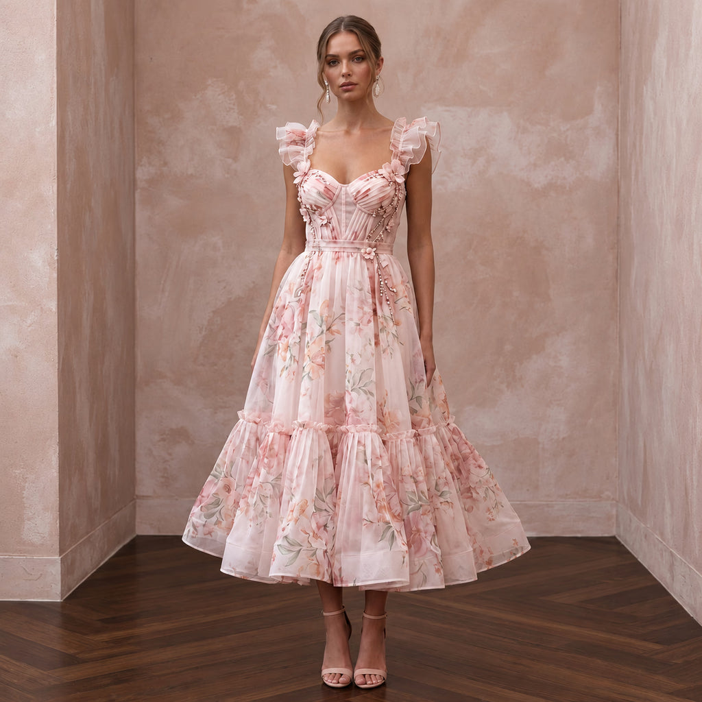 Blush Pink Floral Print Organza Midi Dress for Spring Garden Party - Apparel & Accessories > Clothing > Wedding & Bridal Party Dresses > Wedding Dresses - Mignonette Bridal