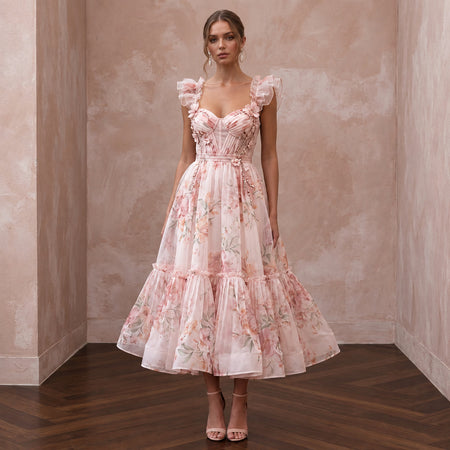 Blush Pink Floral Print Organza Midi Dress for Spring Garden Party - Apparel & Accessories > Clothing > Wedding & Bridal Party Dresses > Wedding Dresses - Mignonette Bridal