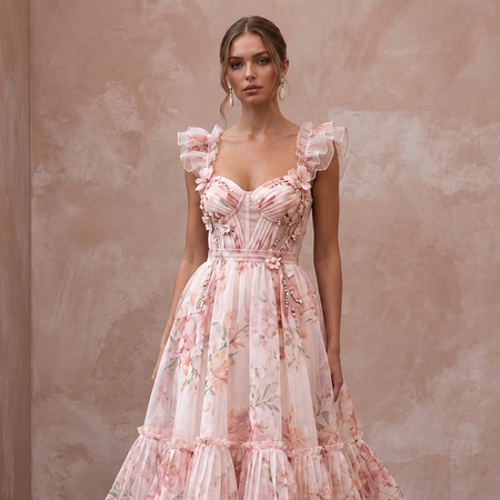 Blush Pink Floral Print Organza Midi Dress for Spring Garden Party - Apparel & Accessories > Clothing > Wedding & Bridal Party Dresses > Wedding Dresses - Mignonette Bridal