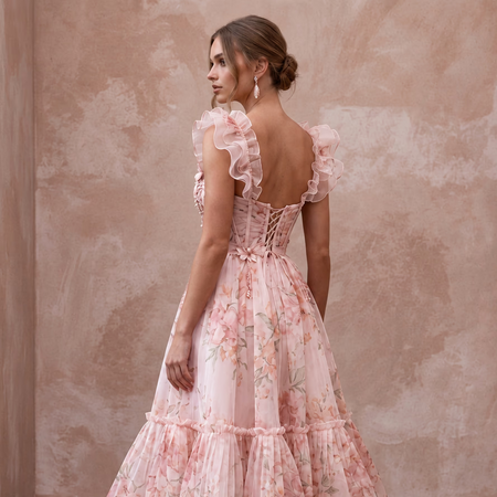 Blush Pink Floral Print Organza Midi Dress for Spring Garden Party - Apparel & Accessories > Clothing > Wedding & Bridal Party Dresses > Wedding Dresses - Mignonette Bridal