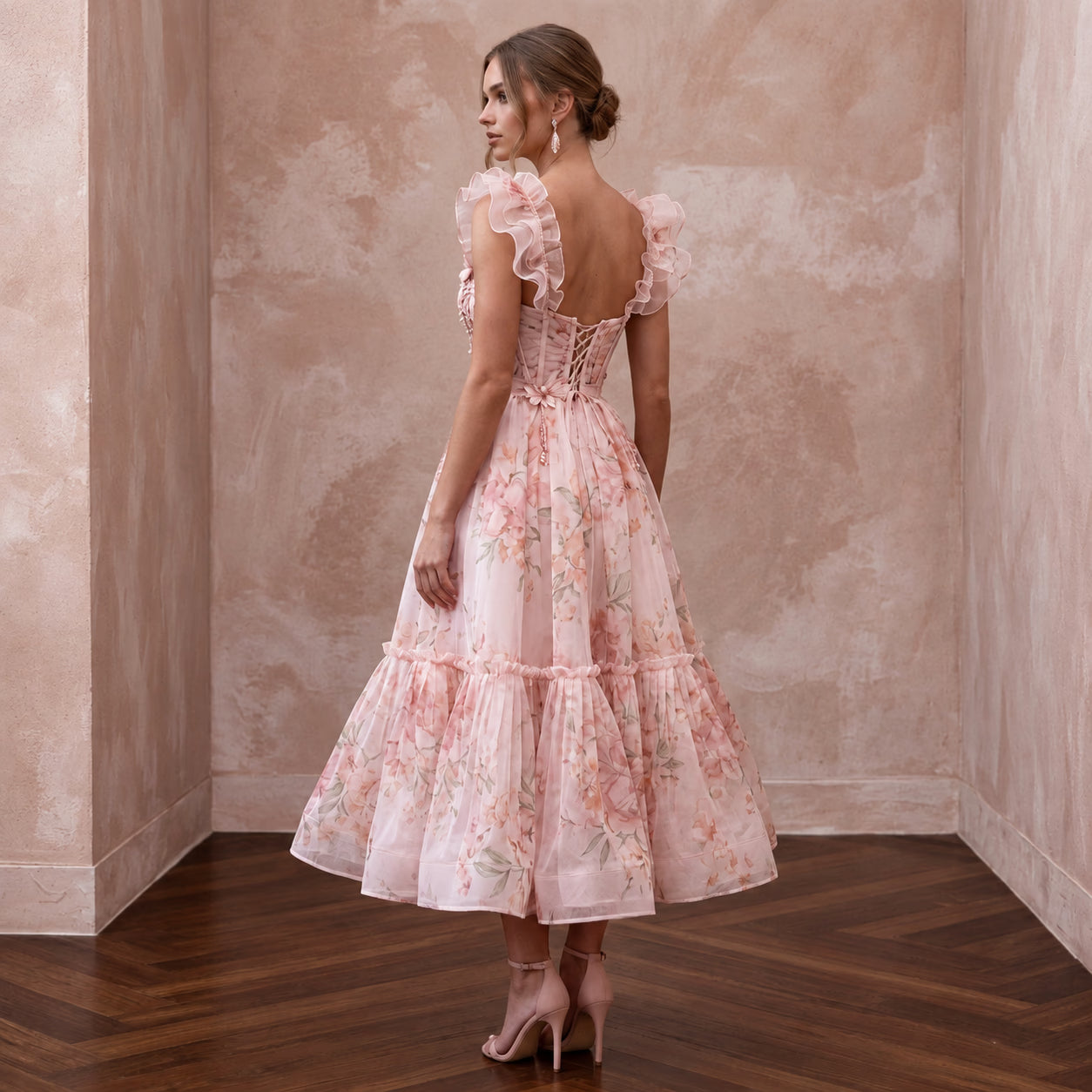 Blush Pink Floral Print Organza Midi Dress for Spring Garden Party Secondary image