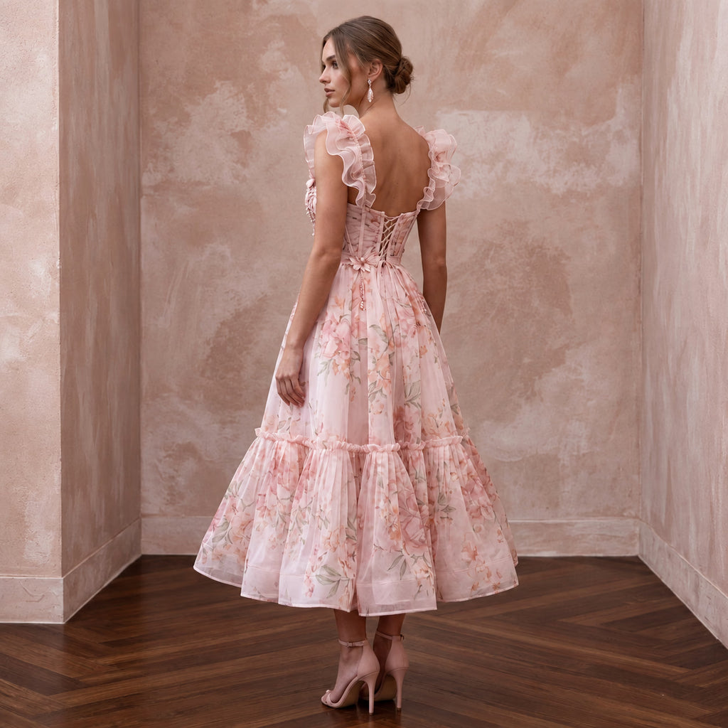 Blush Pink Floral Print Organza Midi Dress for Spring Garden Party - Apparel & Accessories > Clothing > Wedding & Bridal Party Dresses > Wedding Dresses - Mignonette Bridal