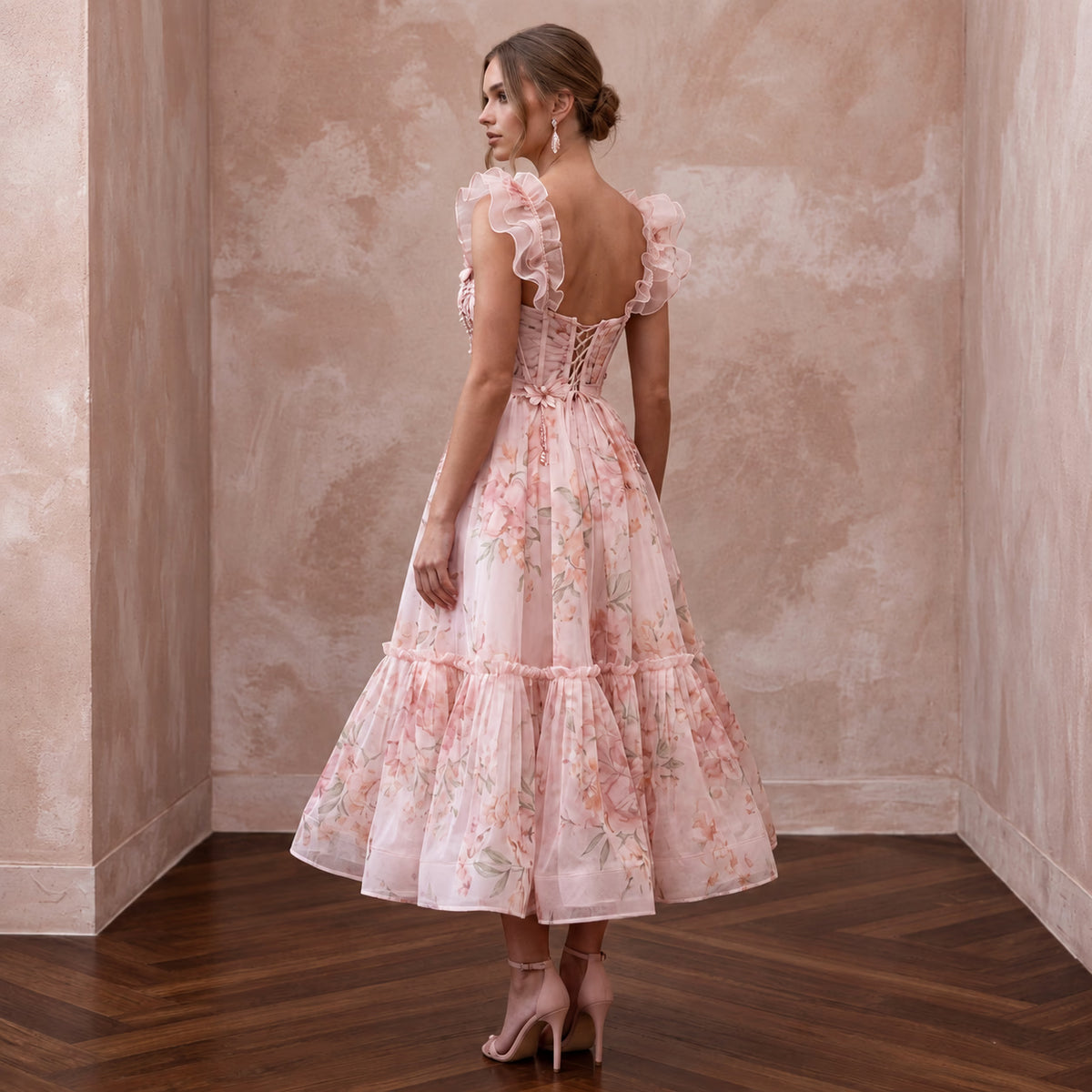 Blush Pink Floral Print Organza Midi Dress for Spring Garden Party - Apparel & Accessories > Clothing > Wedding & Bridal Party Dresses > Wedding Dresses - Mignonette Bridal