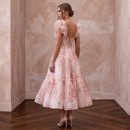Blush Pink Floral Print Organza Midi Dress for Spring Garden Party - Apparel & Accessories > Clothing > Wedding & Bridal Party Dresses > Wedding Dresses - Mignonette Bridal