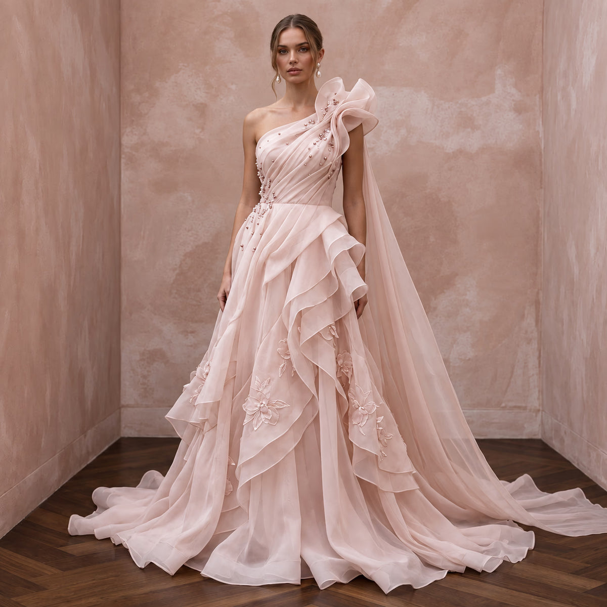 Blush Pink Organza Asymmetrical One - Shoulder Flowing Bridal Gown - Apparel & Accessories > Clothing > Wedding & Bridal Party Dresses > Wedding Dresses - Mignonette Bridal