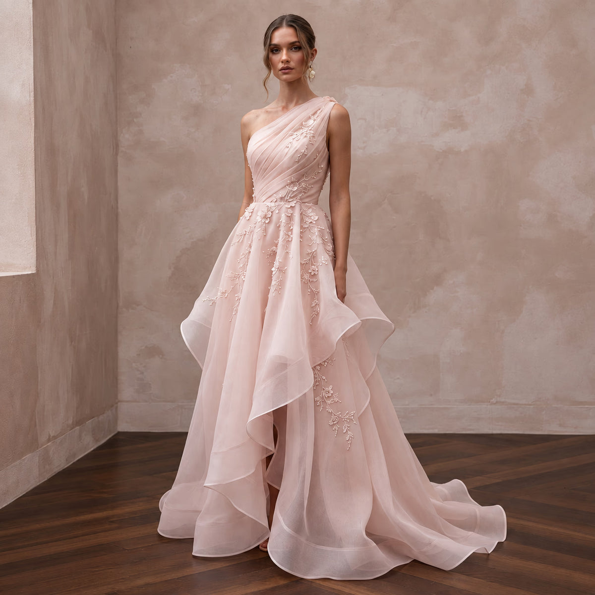 Blush Pink Organza Asymmetrical One-Shoulder Flowing Bridal Gown