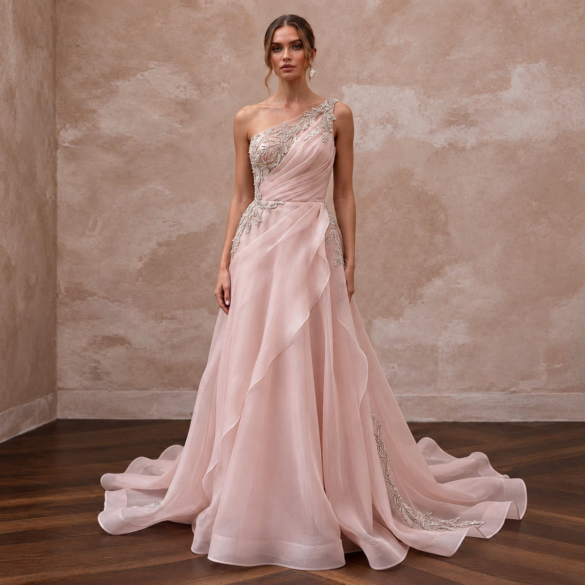 Blush Pink Organza Asymmetrical One-Shoulder Flowing Bridal Gown