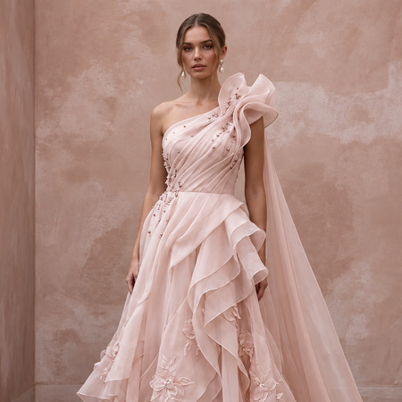 Blush Pink Organza Asymmetrical One - Shoulder Flowing Bridal Gown - Apparel & Accessories > Clothing > Wedding & Bridal Party Dresses > Wedding Dresses - Mignonette Bridal